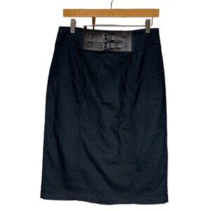 Worthington Womens Size 10 Denim Charcoal Lined Pencil Skirt Faux Leather Belt